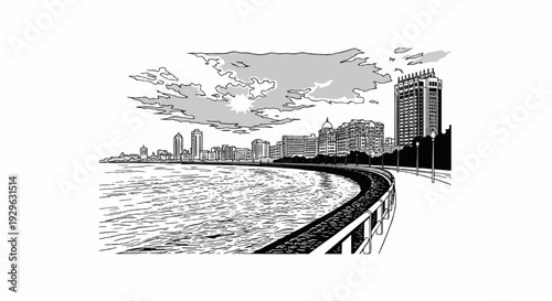 A black and white drawing of a city skyline across a body of water with a curved walkway