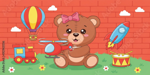 Cute Teddy Bear Playing with Toys Cartoon Illustration Featuring Helicopter Rocket Train and Balloon for Kids Nursery Design and Children Education