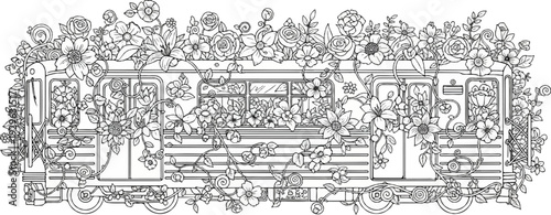 An elaborate, detailed line drawing of a vintage train carriage heavily adorned with blooming flowers and winding vines