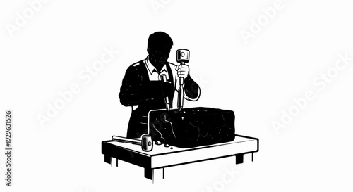 A stone carver works on a large block with hammer and chisel