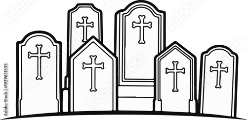 A row of several gravestones, each with a cross design, stands on a curved surface