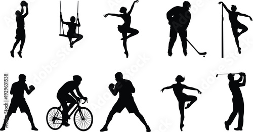 Sports and fitness silhouettes collection, athletes playing basketball, boxing, cycling, golf and ballet vector illustration set
