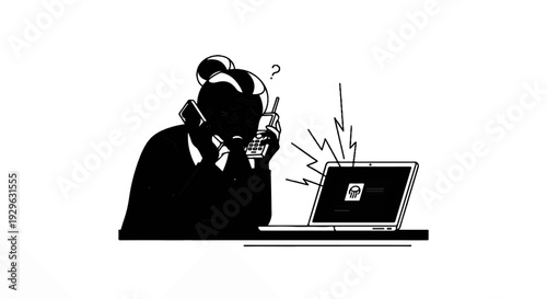 Confused businessperson on corded phone and mobile near a laptop displaying a warning
