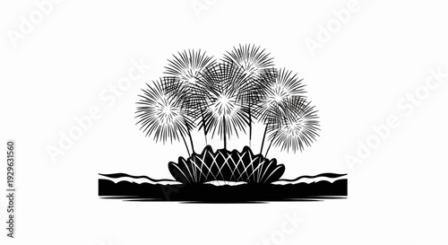 A black and white illustration of fireworks bursting above a decorative, scalloped base with waves below