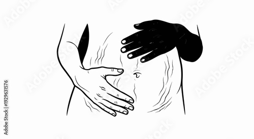 Two hands touching a textured abdomen, one dark, one light