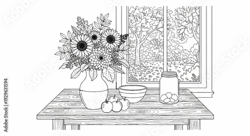 Still life of flowers, fruit, and a jar on a wooden table by a window