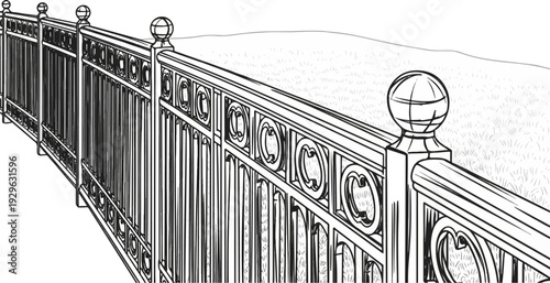 Ornate metal fence with decorative spheres topping posts, set against grassy hill