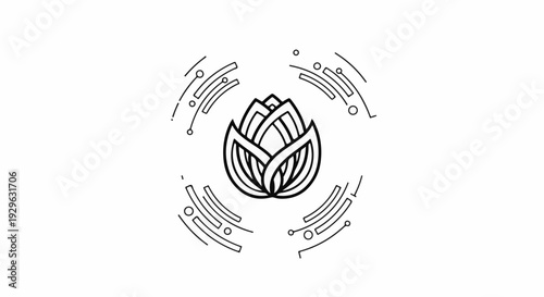 Stylized lotus flower with abstract digital circuit elements in a radial pattern