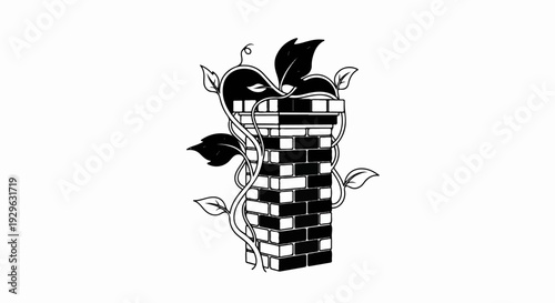 A black and white illustration of a brick chimney with vines and leaves
