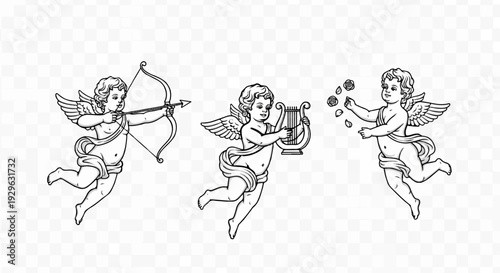Three cherubs depicted with wings, one aiming a bow, another playing a lyre, and the third scattering flowers
