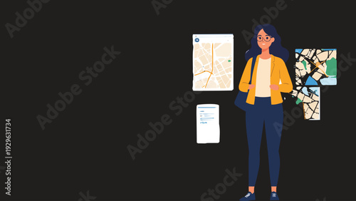 Young woman traveler with backpack checking city map and navigation app, planning route and exploring urban destination, flat vector illustration on dark background.