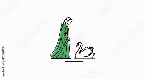 Person in green robe stands near a swan on water