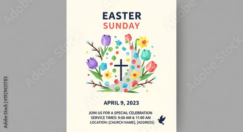 Easter sunday church celebration invitation with colorful flowers and cross