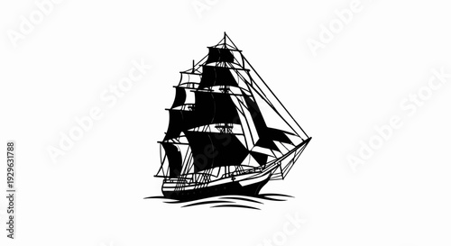 A black and white illustration of a tall sailing ship with full sails