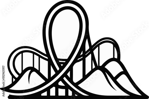 Stylized outline of a thrilling roller coaster with loops and hills, black on white