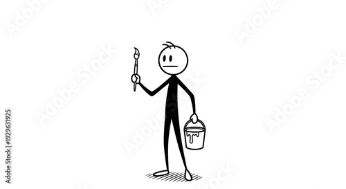 Stick Figure Painter Holding Paintbrush and Bucket of Paint, Isolated White Background.