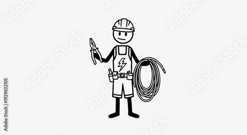 Stick figure electrician or technician wearing a hard hat, holding pliers and electrical wire, in a bright studio.