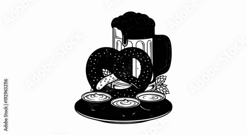 A festive black and white illustration of a frothy beer mug, pretzels, dips, and hops