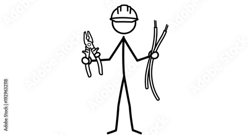 Stick figure electrician or technician wearing a hard hat, holding pliers and loose electrical wires, in a bright studio.