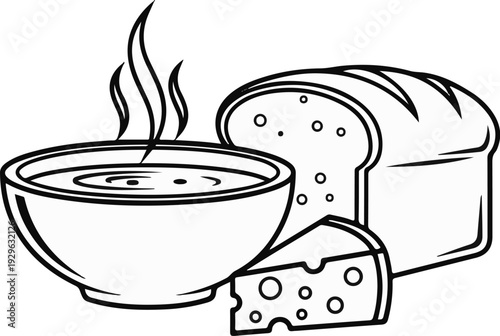 A steaming bowl of soup sits next to a loaf of bread and a slice of swiss cheese