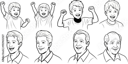 A collection of line-art portraits depicts boys and men of varying ages expressing joy and excitement
