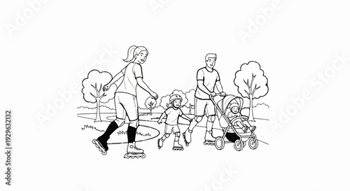 A family enjoys a sunny day in the park on roller skates