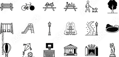 Collection of cartoon-style icons depicting park and recreational activities