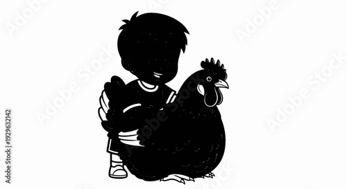 A smiling child hugs a large hen