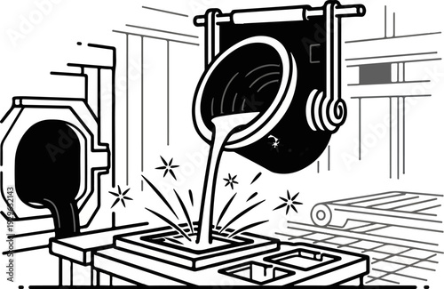Liquid metal is poured from a crucible into a mold at a foundry