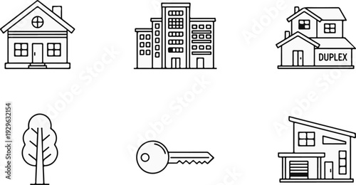 Simple line drawings of various buildings, a tree, and a key