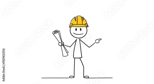 Happy stick figure architect or construction worker wearing a hard hat, holding blueprints and pointing, in a bright studio.