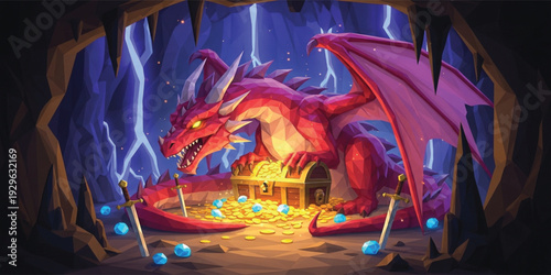 Fantasy Dragon Guarding Treasure Chest in Dark Cave with Gold Coins Gems and Swords Epic Adventure Vector Illustration