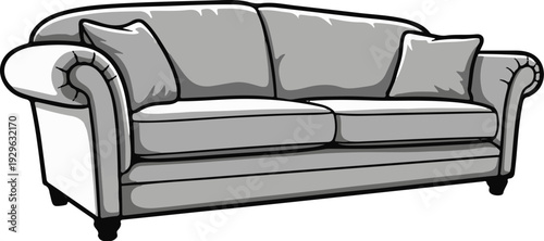 Plush gray sofa with plush cushions and rolled arms on a white background