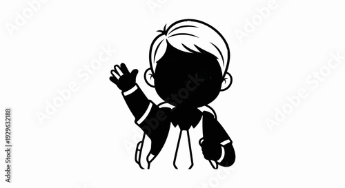 A black silhouette of a cheerful child character with spiky hair and one hand raised