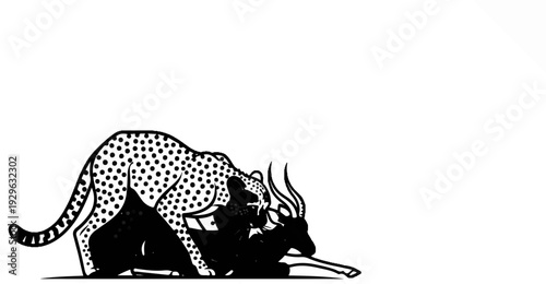 A spotted cat pounces on a horned animal in a black and white illustration