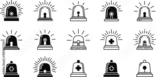 Emergency Siren Icon Set Police Medical Alarm Light Outline and Solid Vector Collection
