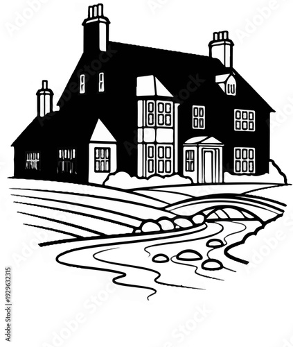 A black and white illustration of a grand house with a river and bridge