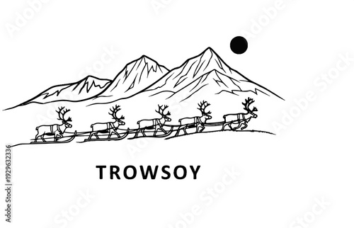 Reindeer pulling a sleigh across a snowy landscape with mountains and a moon