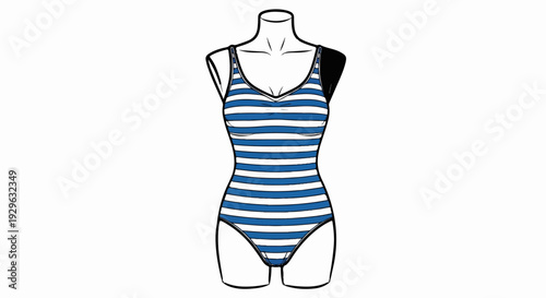 A blue and white striped one-piece swimsuit displayed on a headless mannequin