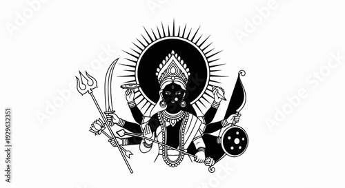 Black and white illustration of a multi-armed deity with weapons and a radiant halo