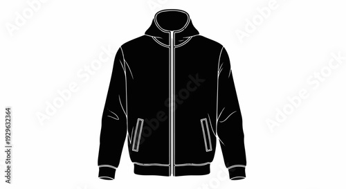 Simple black jacket with a zipper, high collar, and two pockets