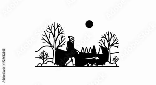 Silhouette of person walking dog in winter landscape with bare trees