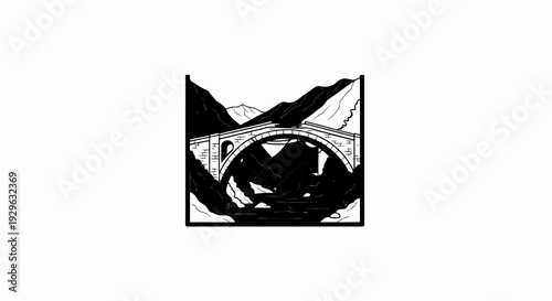 An arched stone bridge spans a river valley, flanked by rugged mountains