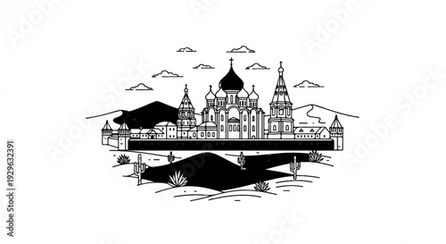Stylized monochrome illustration of a monastery complex with domes and spires amidst a desert landscape