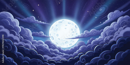 Full Moon Night Sky with Glowing Moon Stars and Clouds Fantasy Cosmic Landscape Background Dreamy Space Vector Illustration