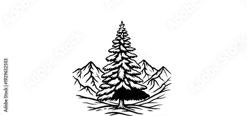 Stylized pine tree stands tall against rugged mountain peaks in a monochrome illustration
