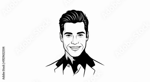 A man's smiling face in a sharp black and white illustrative portrait