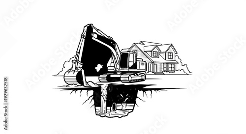 Excavator digging near house, revealing underground pipes and water