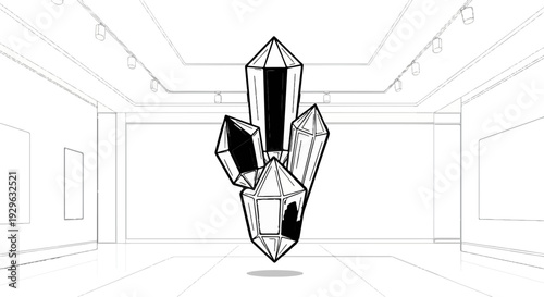 Black and white drawing of crystals in a gallery