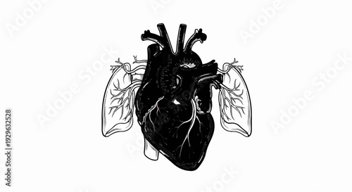 Stylized black heart with branching pulmonary arteries and veins